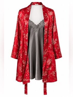 Y2K Victoria's Secret Red Floral Satin Robe with Charcoal Slip